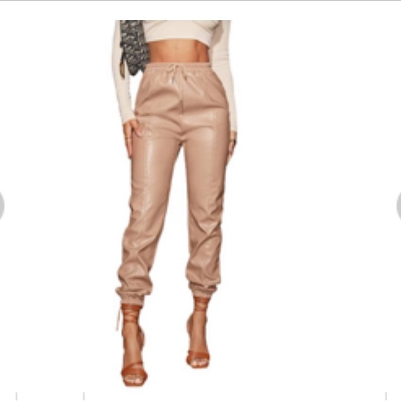 Floerns Women's Drawstring High Waisted Cropped Tapered Pu Leather Pants Apricot - Picture 5 of 6